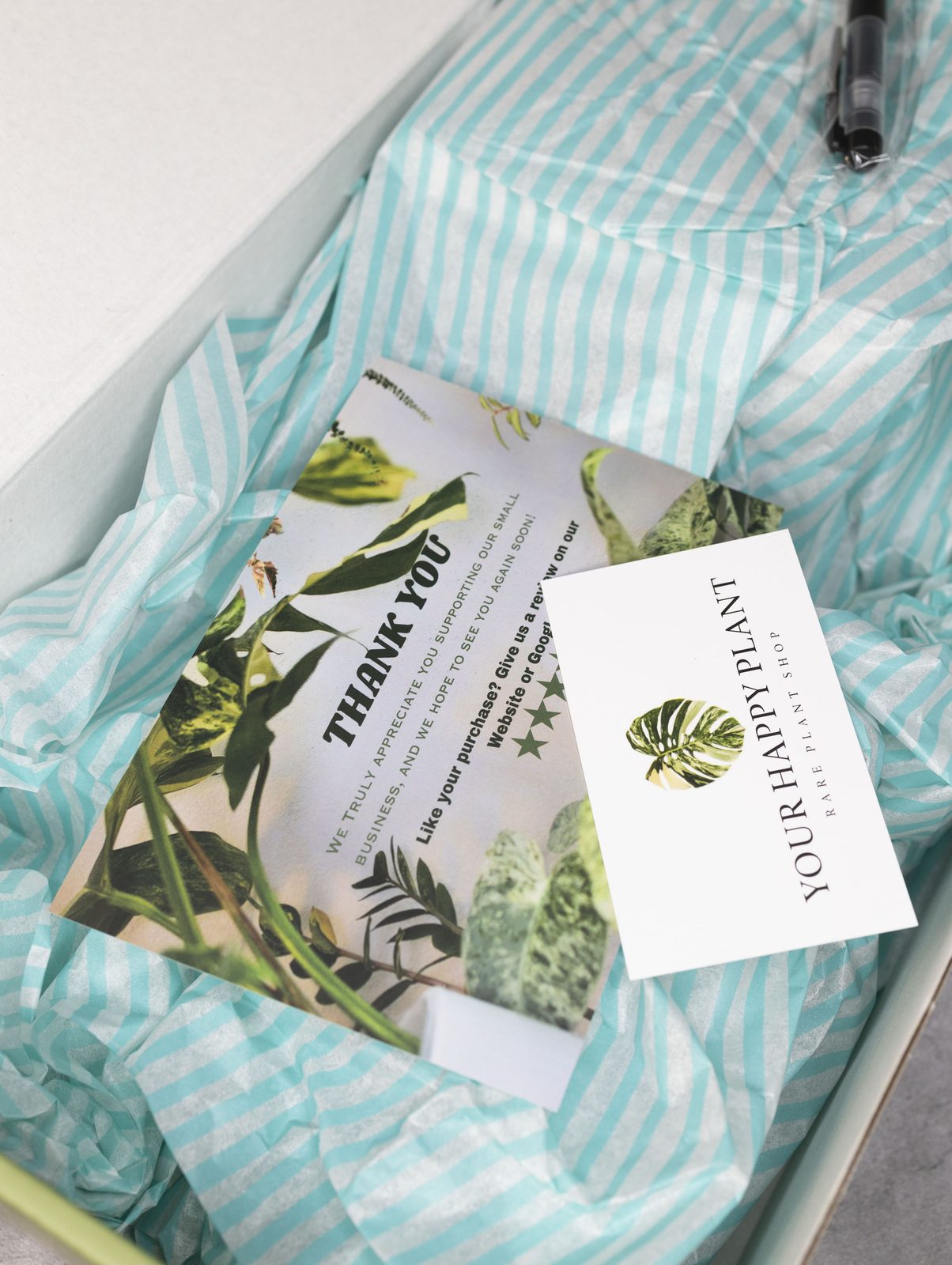 A thank-you card and business card tucked inside a Your Happy Plant box